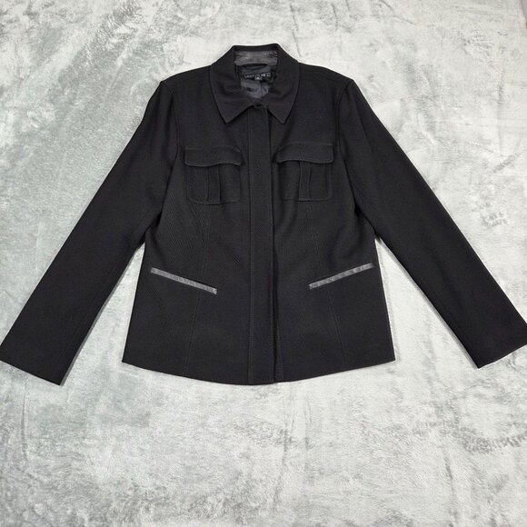 Lafayette 148 Blazer 12 Black Wool Blend Leather Trim Business Casual Jacket - Picture 1 of 10